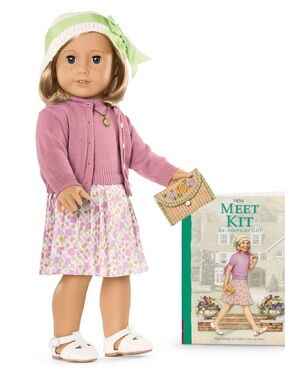 American Girl Kit Doll Outfit - Pink Sweater, Floral Skirt & Green-Trim Hat